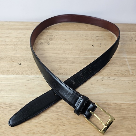 Burberrys Mens 38 Belt Black Leather Classic Brass Hardware Designer Minimalist